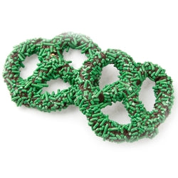 Belgian Chocolate Covered Pretzels with Green Sprinkles