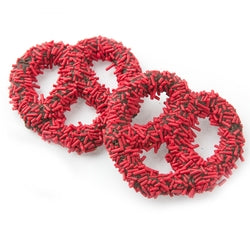 Belgian Chocolate Covered Pretzels with Red Sprinkles