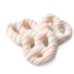 White Chocolate Covered Mini Pretzels with Pink Drizzle 1LB